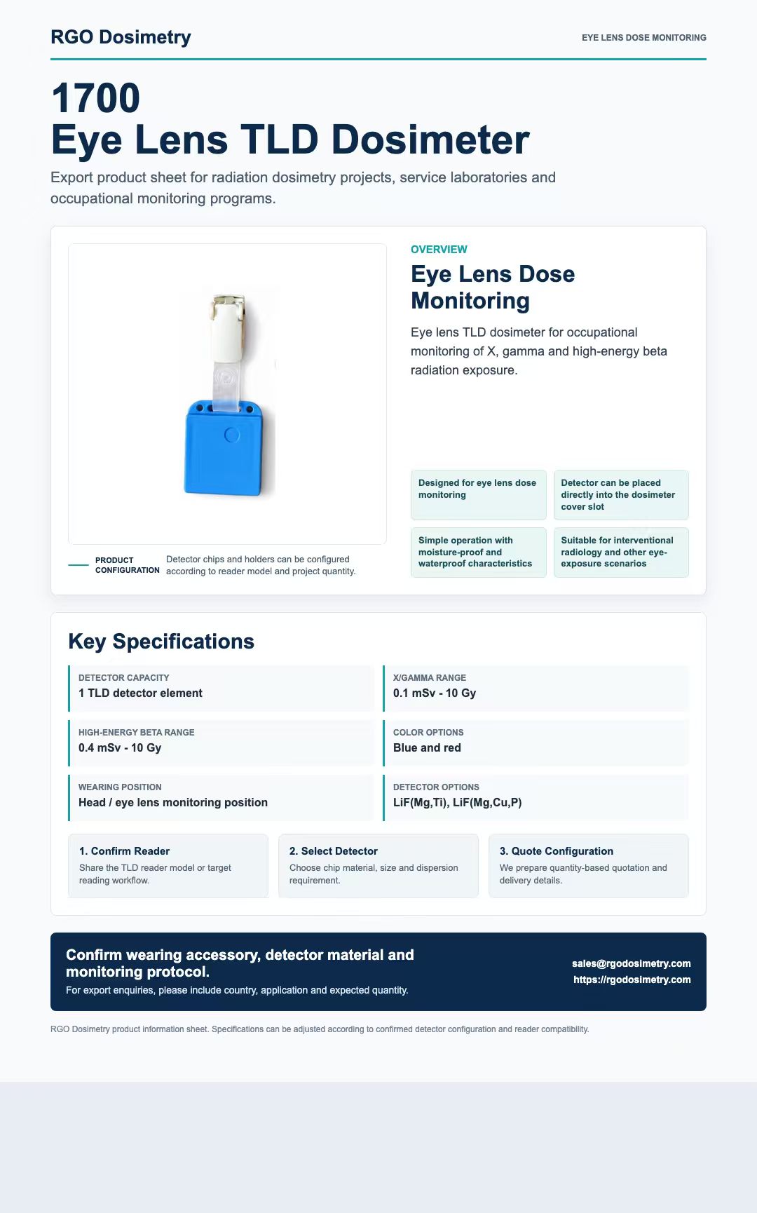 1700 Eye Lens TLD Dosimeter product sheet