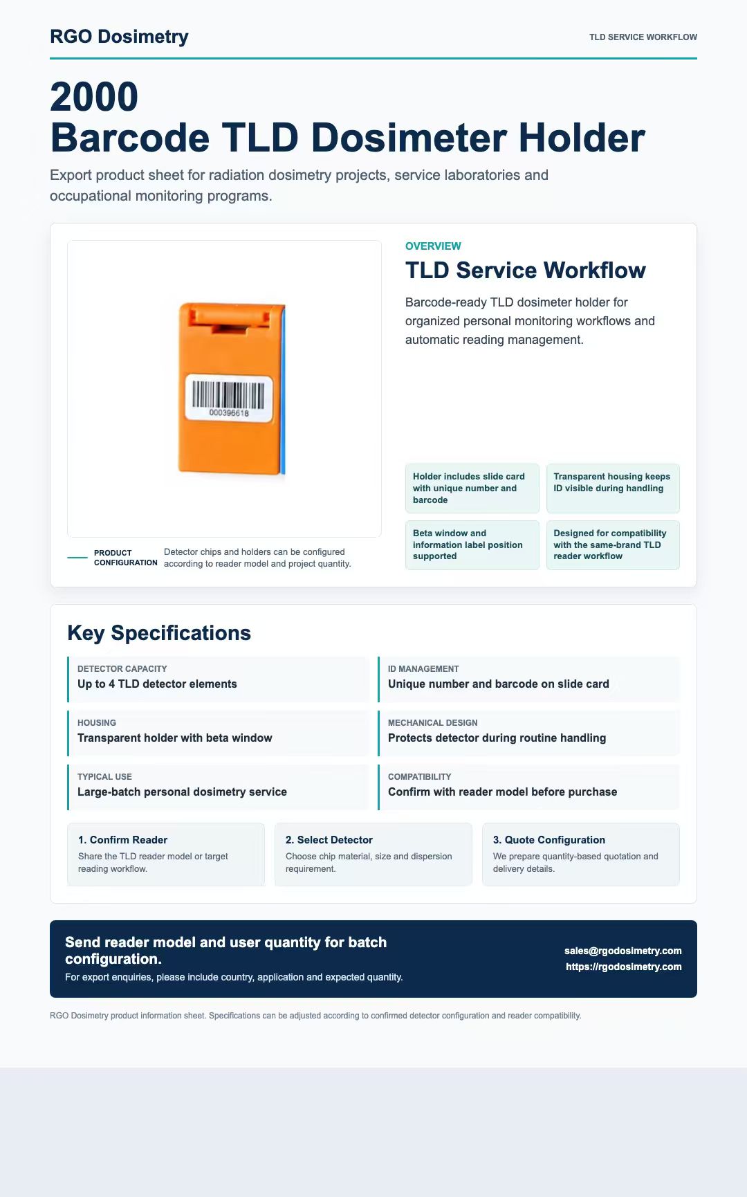 2000 Barcode TLD Dosimeter Holder product sheet