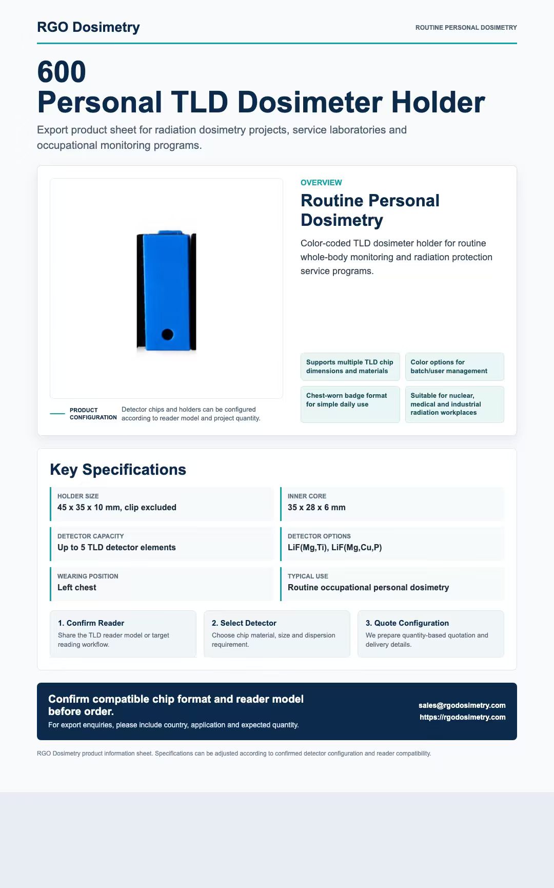 600 Personal TLD Dosimeter Holder product sheet