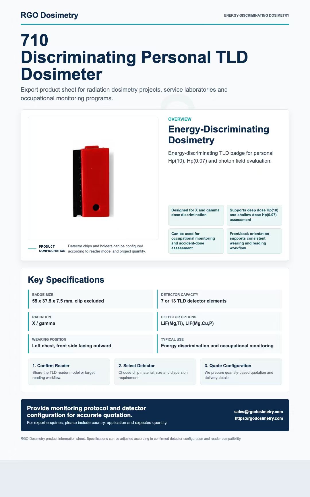 710 Discriminating Personal TLD Dosimeter product sheet