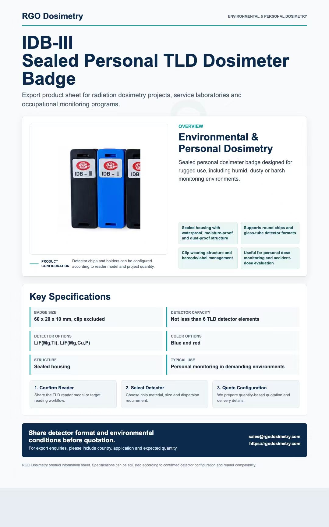 IDB-III Sealed Personal TLD Dosimeter Badge product sheet